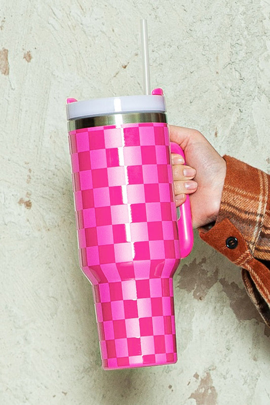 Bright Pink Checkered Print Handle Stainless Steel Tumbler 40oz